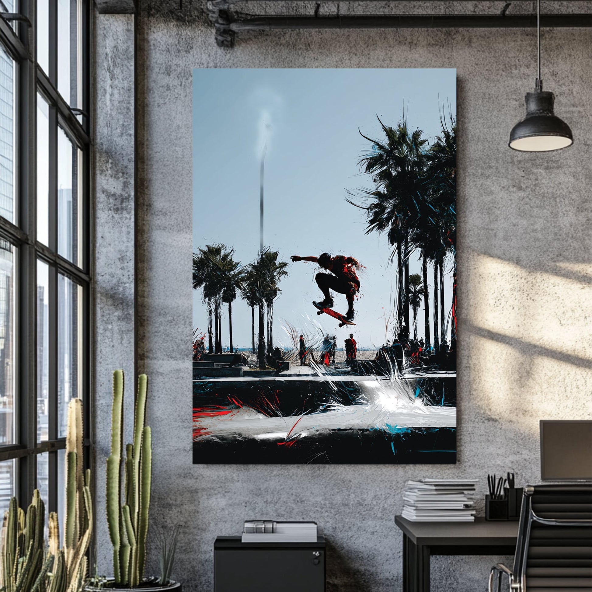 California skateboarder wall art with palm trees and abstract motion strokes