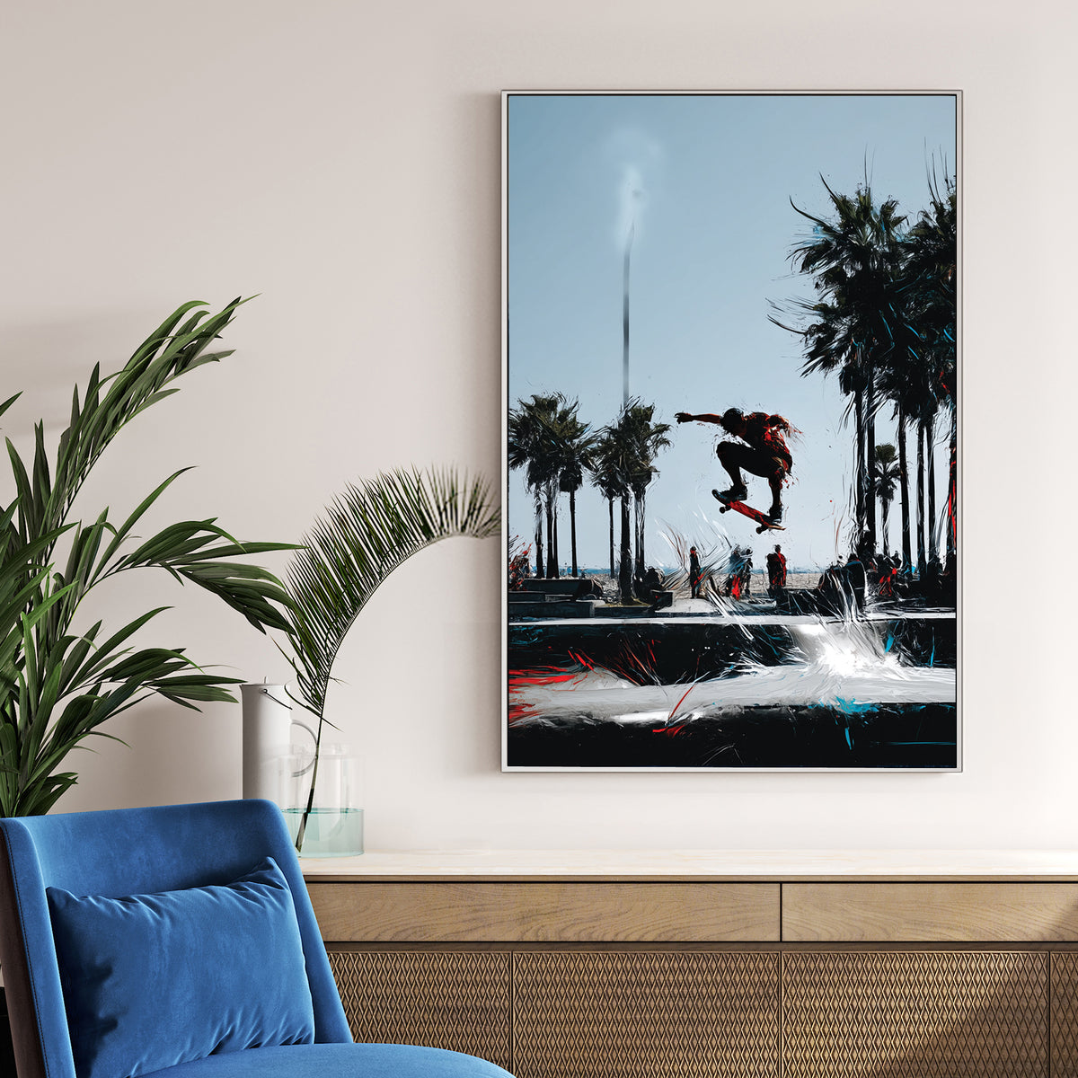 California skateboarder wall art with palm trees and abstract motion strokes