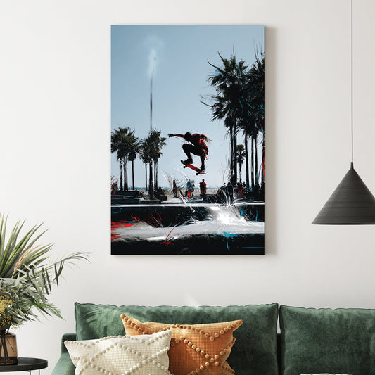 California skateboarder wall art with palm trees and abstract motion strokes