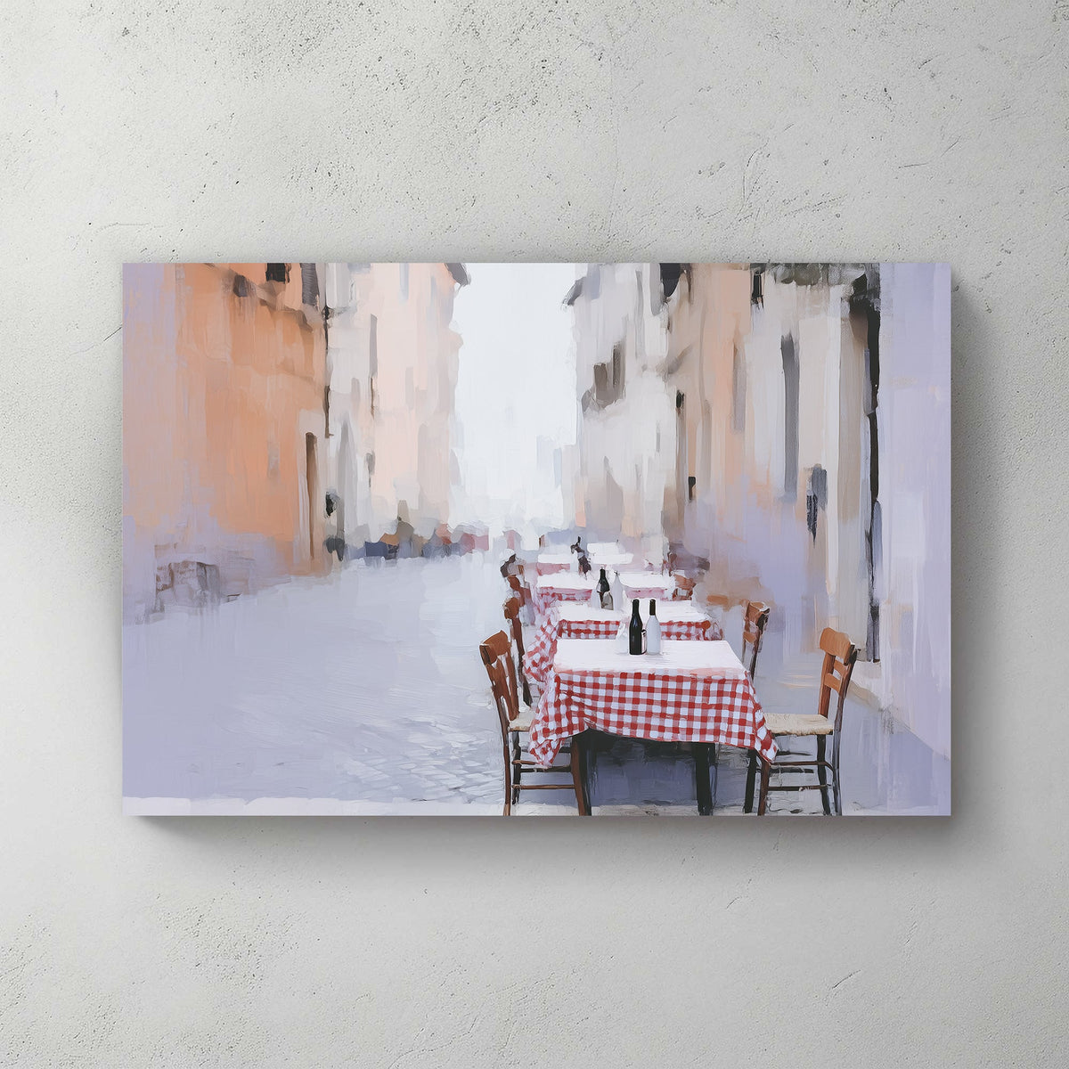 roma outdoor café with red checkered tables wall art
