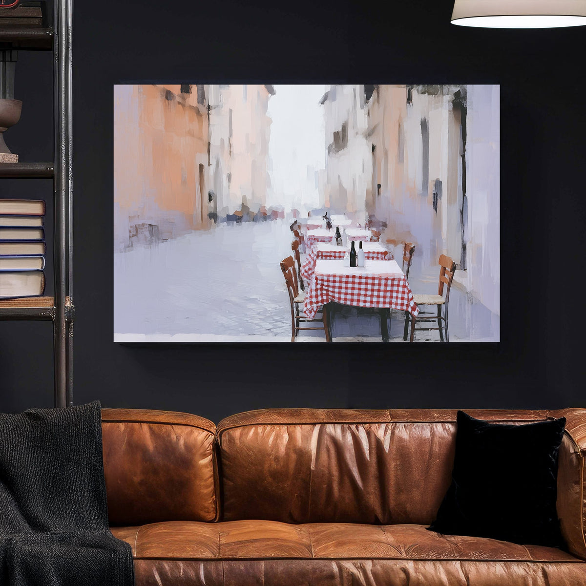 roma outdoor café with red checkered tables wall art