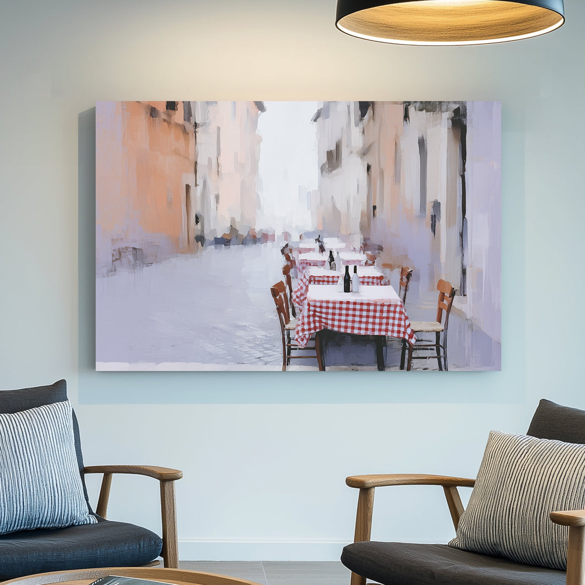 roma outdoor café with red checkered tables wall art