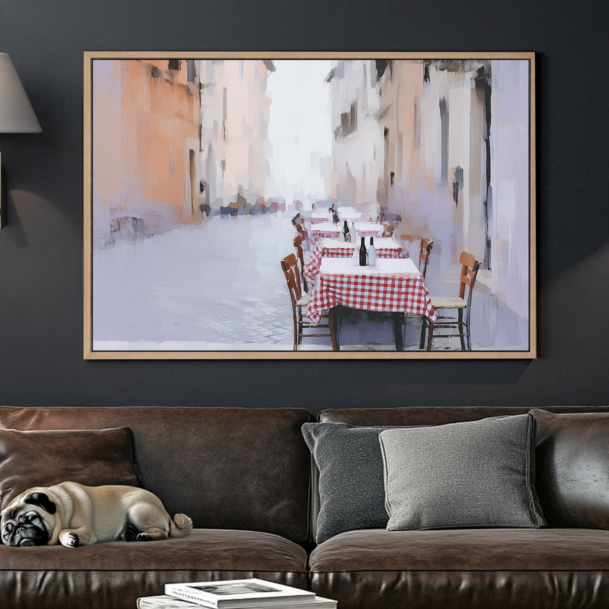 roma outdoor café with red checkered tables wall art
