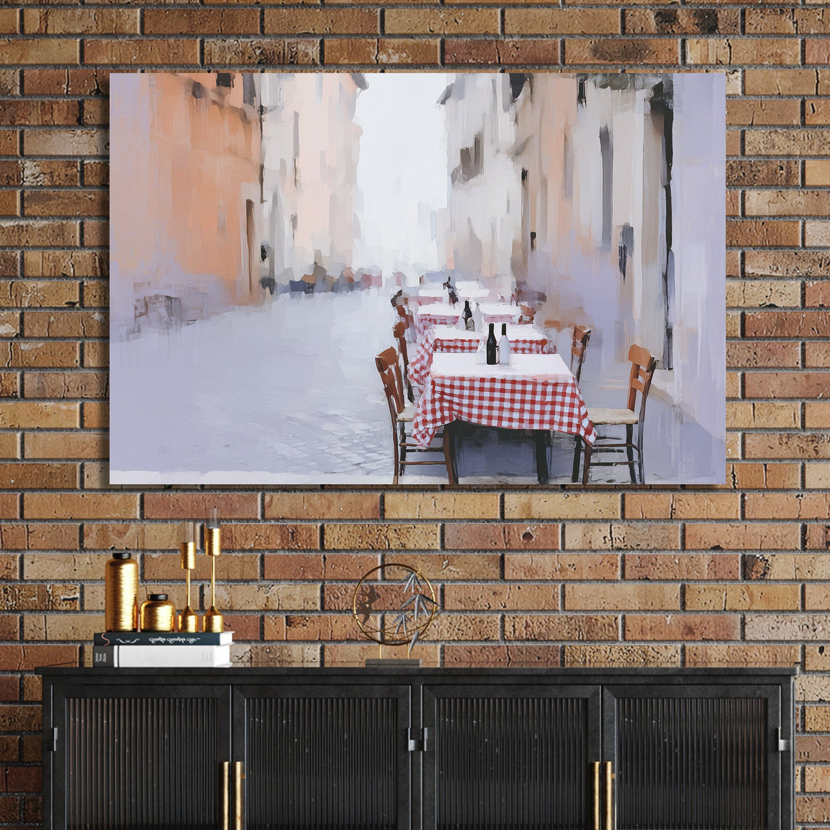 roma outdoor café with red checkered tables wall art