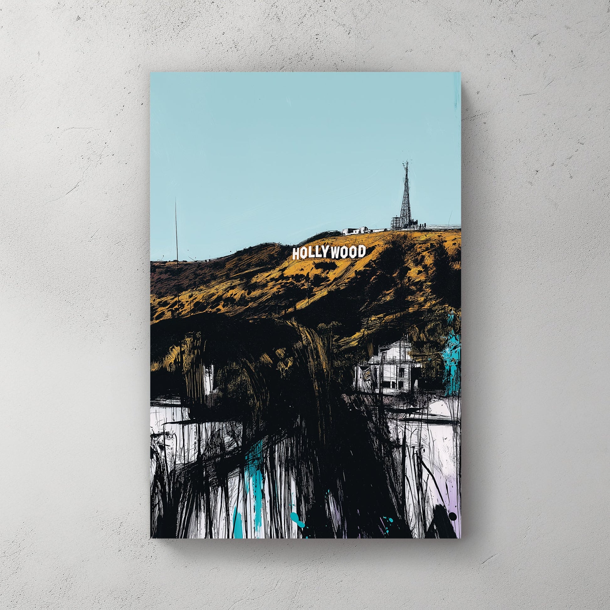 hollywood sign sketch wall art in bold urban style