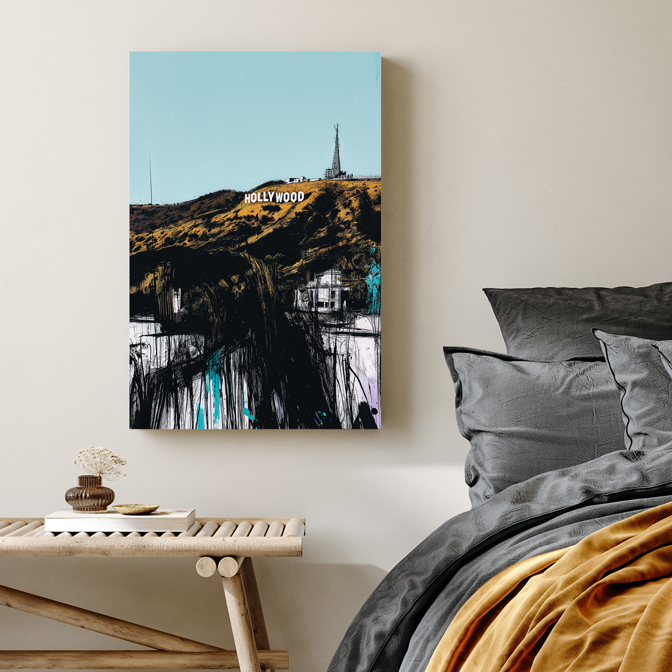 hollywood sign sketch wall art in bold urban style