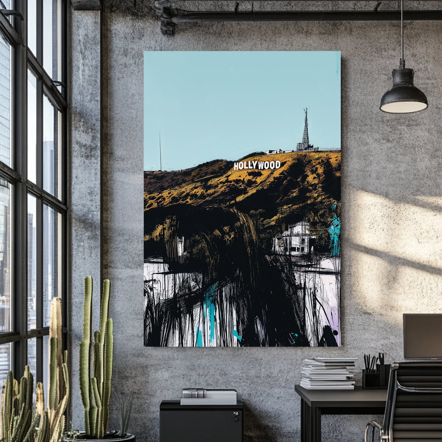 hollywood sign sketch wall art in bold urban style