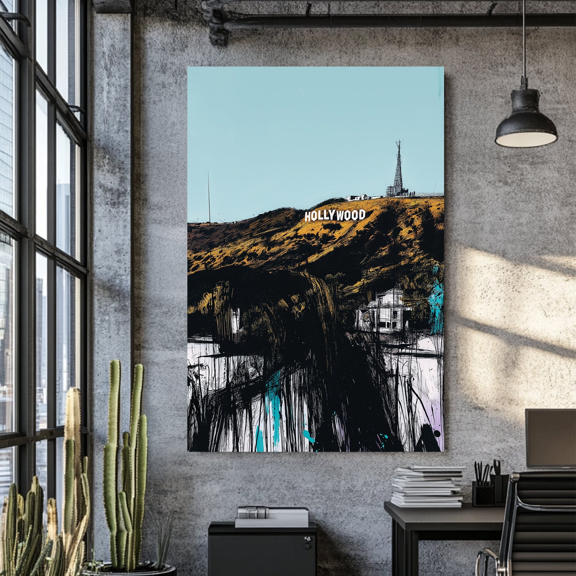 hollywood sign sketch wall art in bold urban style