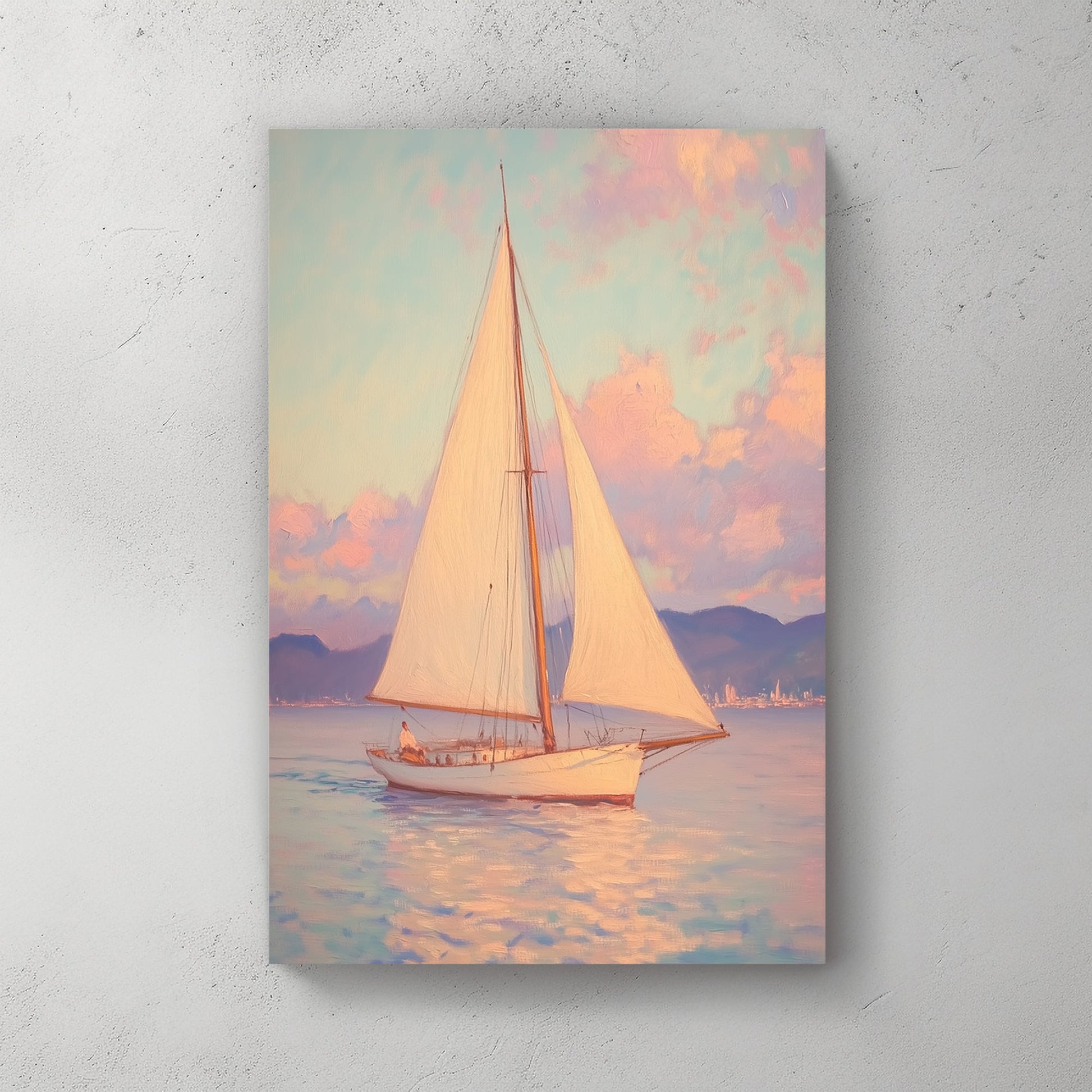 pastel sailboat at sea wall art with sunset sky