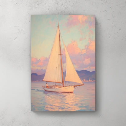 pastel sailboat at sea wall art with sunset sky