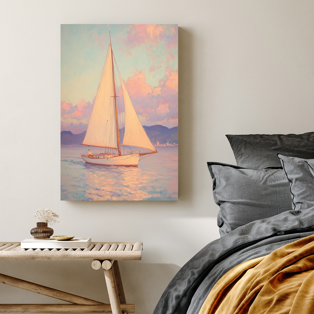 pastel sailboat at sea wall art with sunset sky