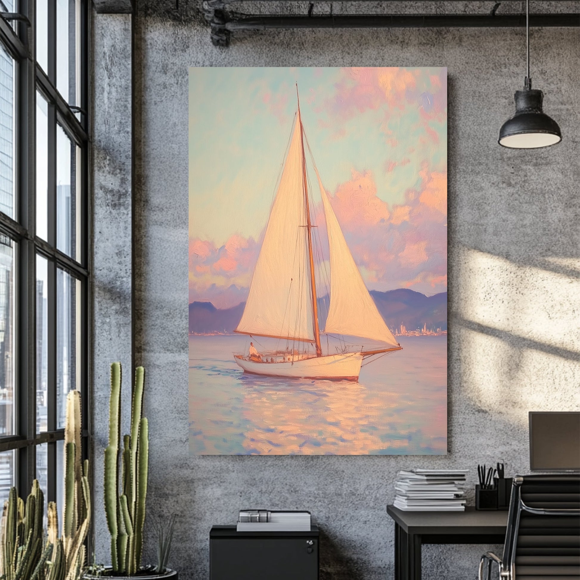 pastel sailboat at sea wall art with sunset sky