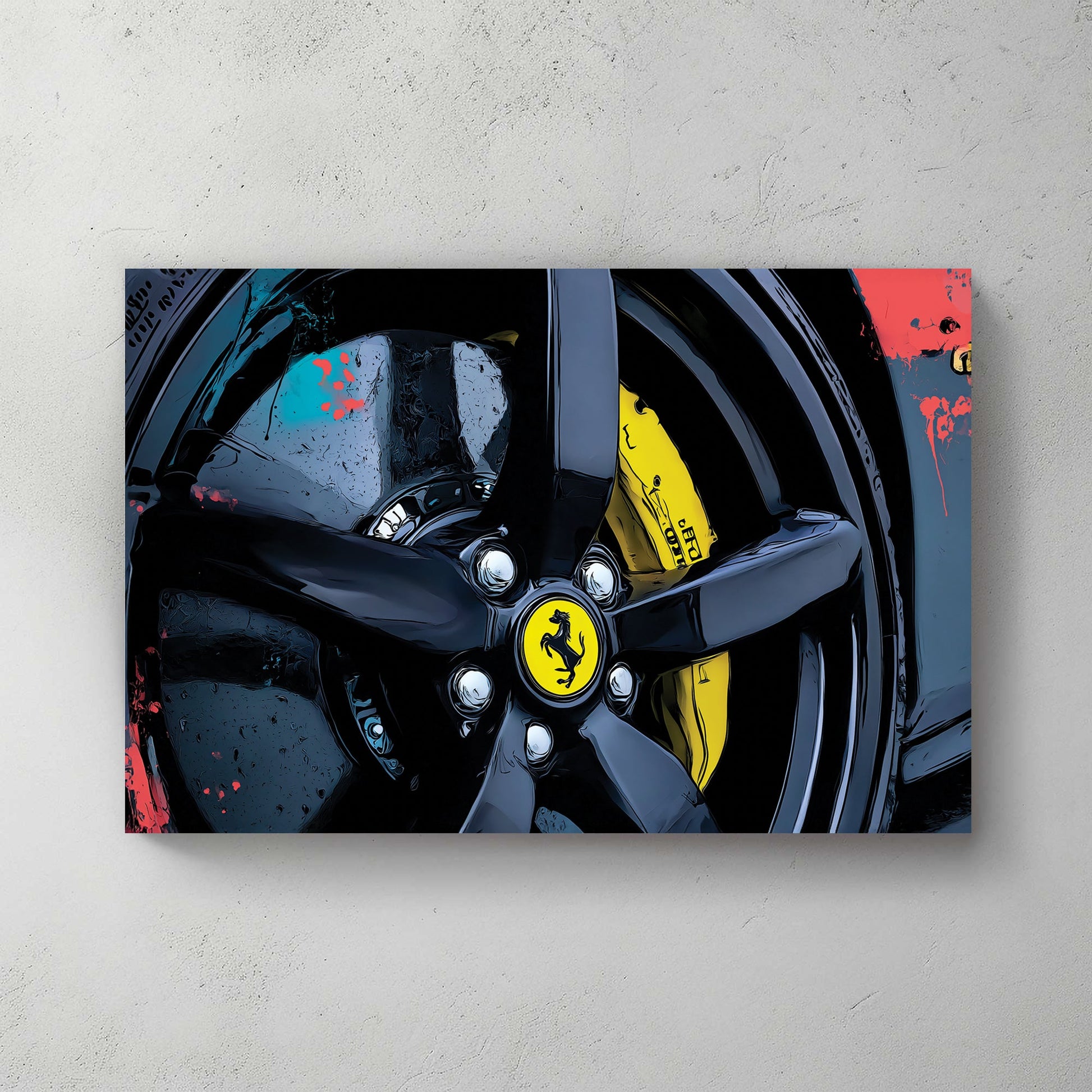 close-up Ferrari wheel wall art with yellow brake caliper