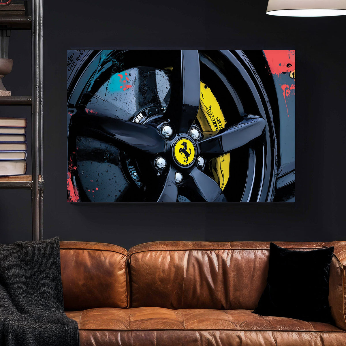 close-up Ferrari wheel wall art with yellow brake caliper
