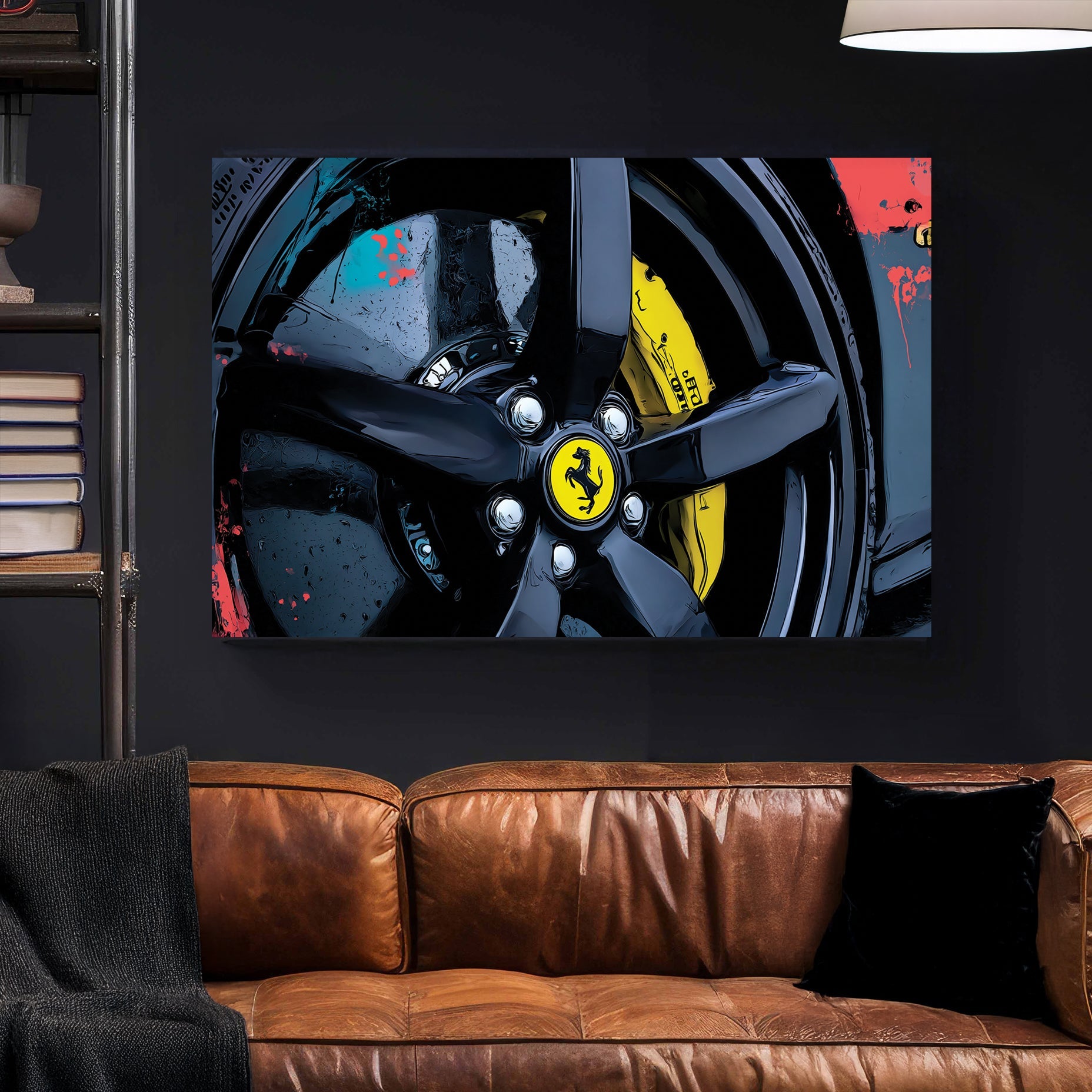 close-up Ferrari wheel wall art with yellow brake caliper