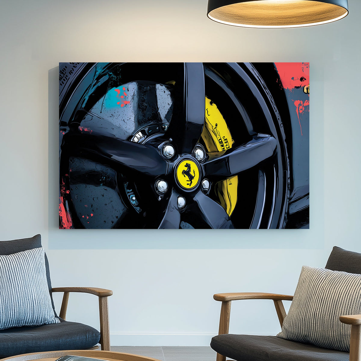 close-up Ferrari wheel wall art with yellow brake caliper