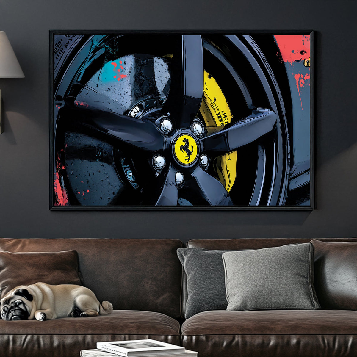 close-up Ferrari wheel wall art with yellow brake caliper