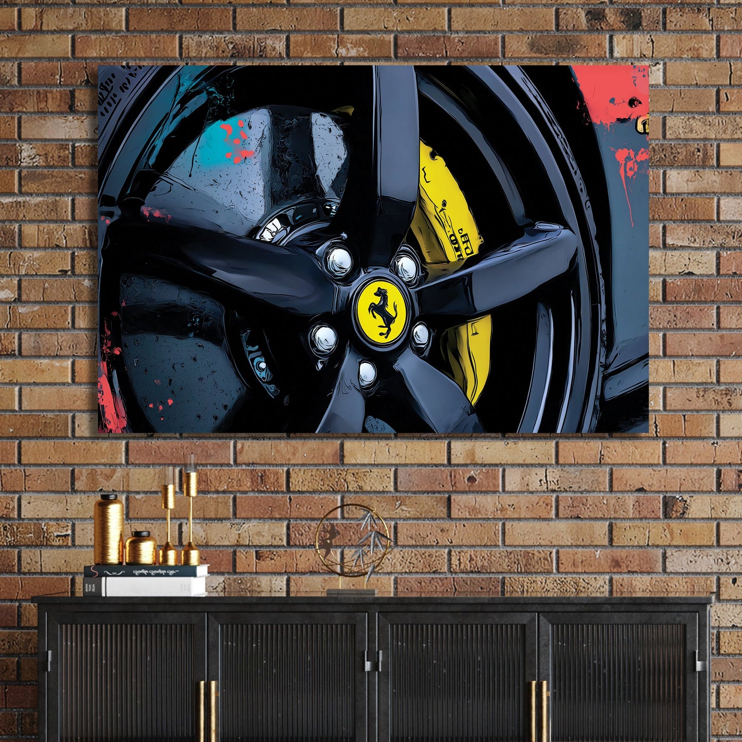 close-up Ferrari wheel wall art with yellow brake caliper