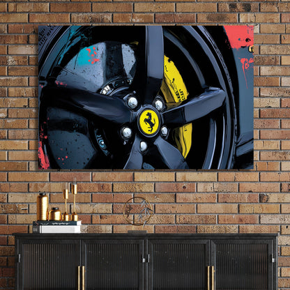 close-up Ferrari wheel wall art with yellow brake caliper