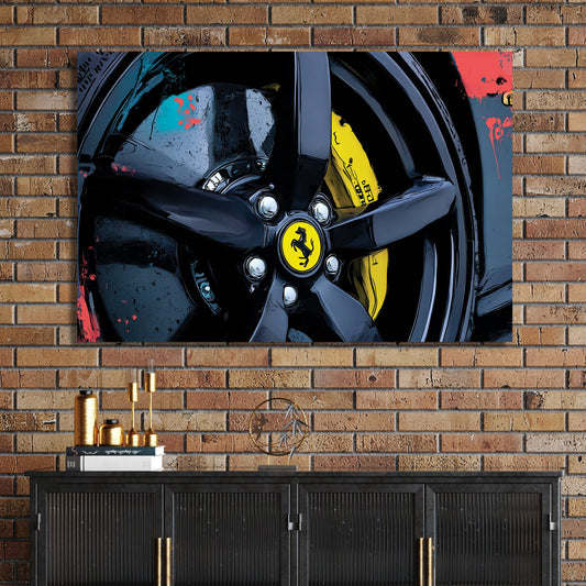 close-up Ferrari wheel wall art with yellow brake caliper