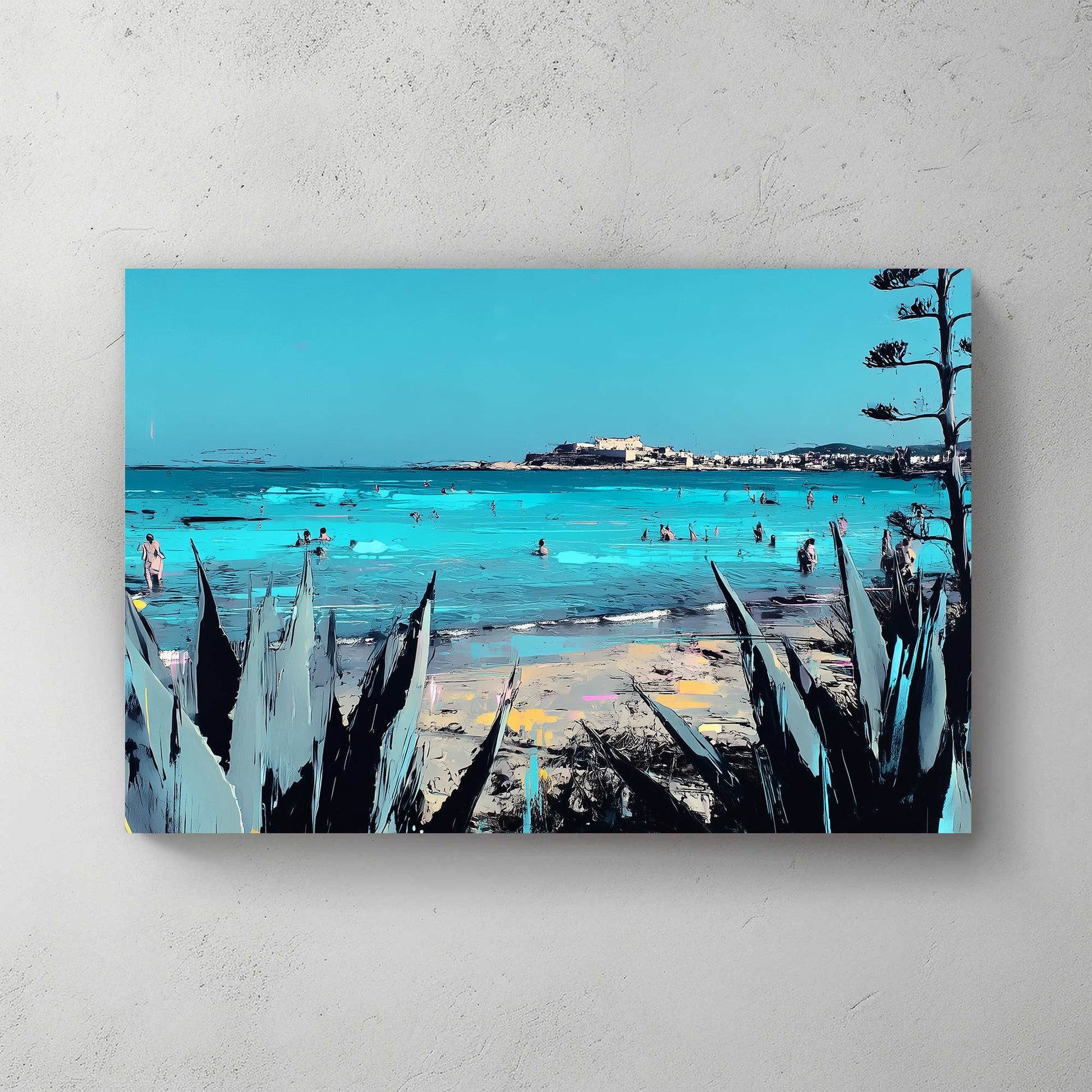 Sicily coastline beach scene wall art with turquoise sea and plants