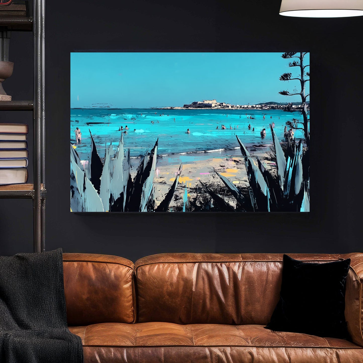 Sicily coastline beach scene wall art with turquoise sea and plants