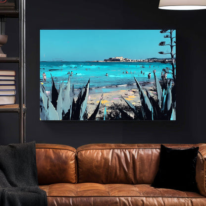 Sicily coastline beach scene wall art with turquoise sea and plants