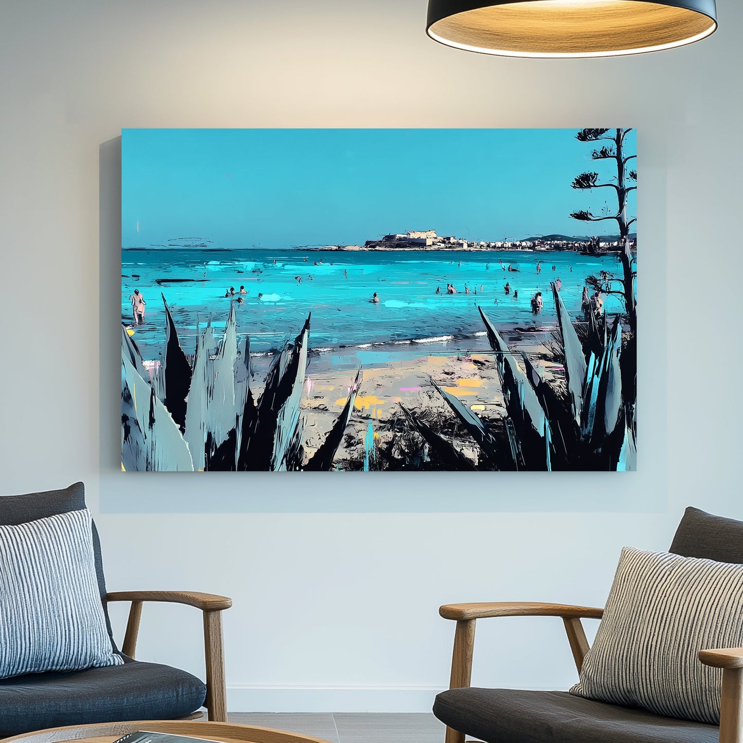 Sicily coastline beach scene wall art with turquoise sea and plants