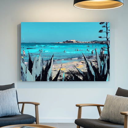 Sicily coastline beach scene wall art with turquoise sea and plants