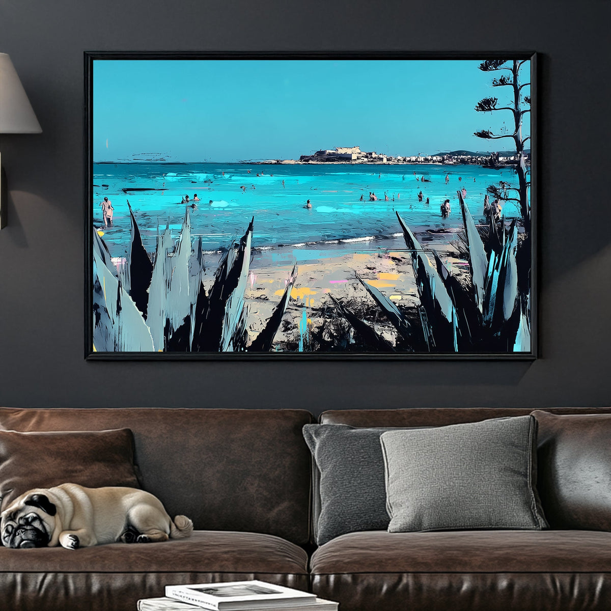 Sicily coastline beach scene wall art with turquoise sea and plants