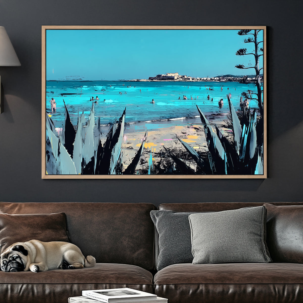 Sicily coastline beach scene wall art with turquoise sea and plants
