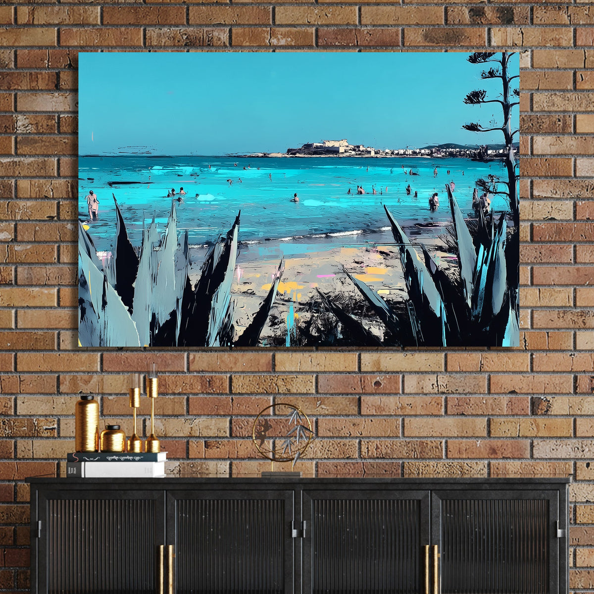 Sicily coastline beach scene wall art with turquoise sea and plants