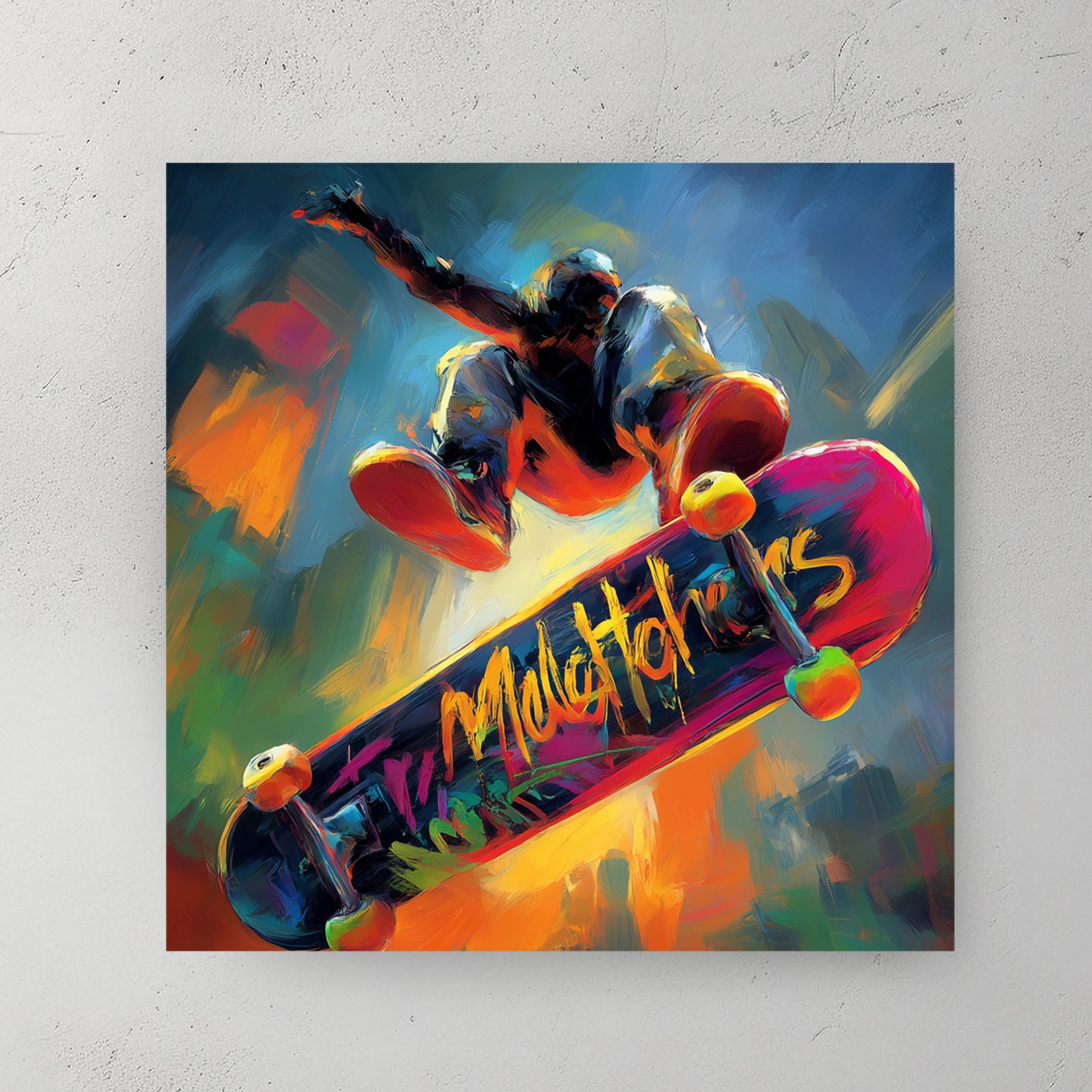 colourful skateboarder midair trick wall art with abstract street style