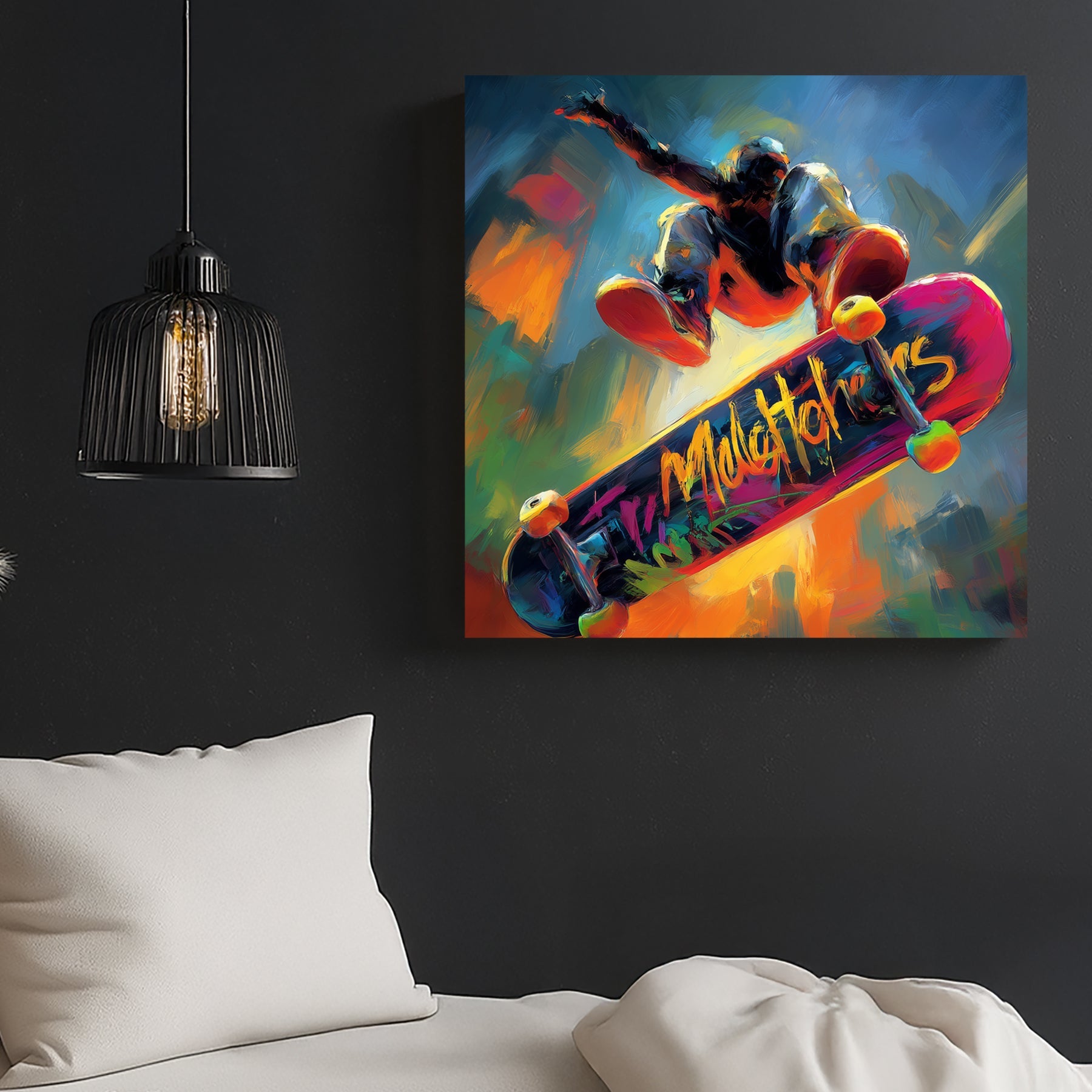 colourful skateboarder midair trick wall art with abstract street style