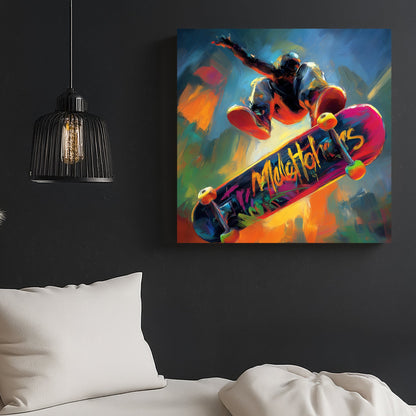 colourful skateboarder midair trick wall art with abstract street style