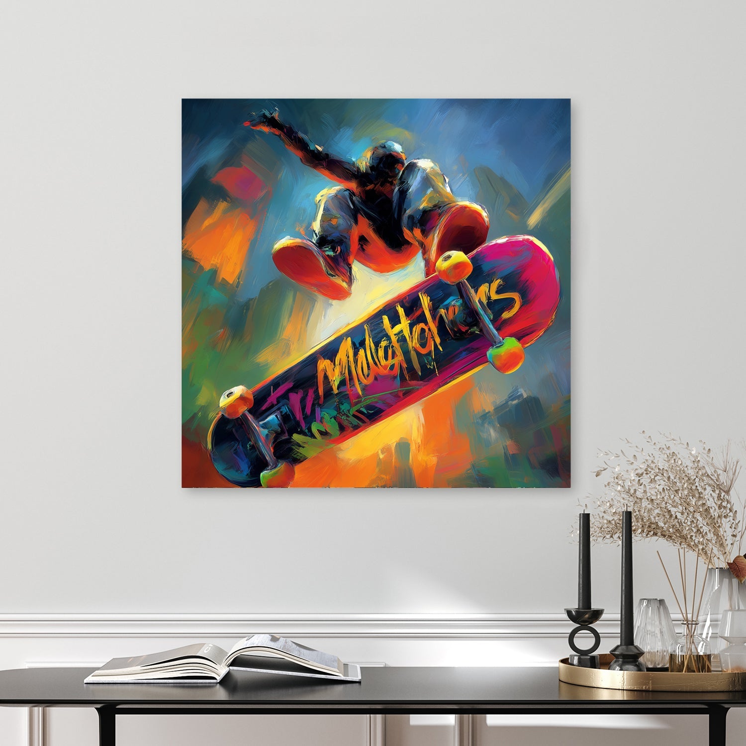 colourful skateboarder midair trick wall art with abstract street style