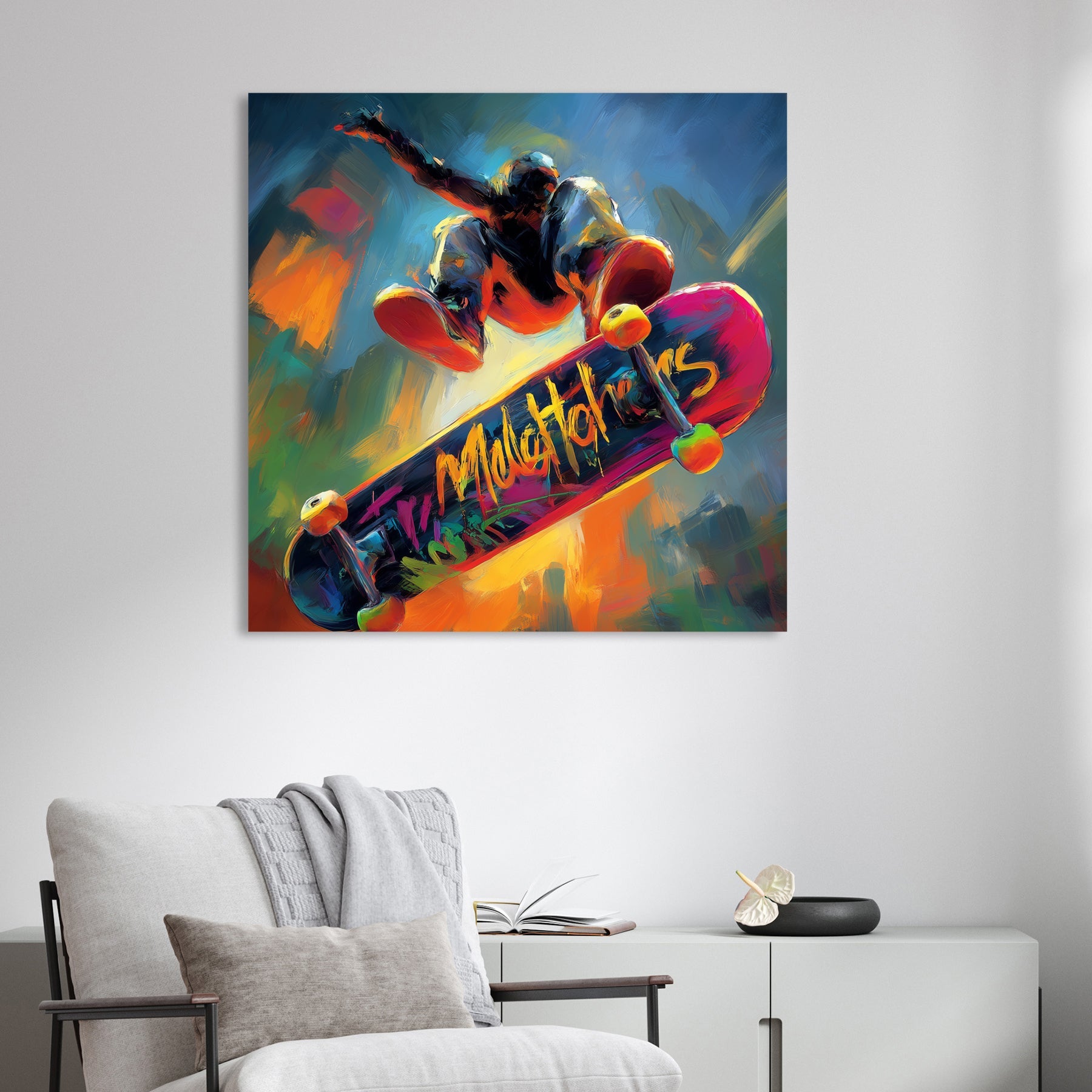 colourful skateboarder midair trick wall art with abstract street style