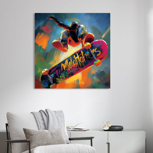 colourful skateboarder midair trick wall art with abstract street style