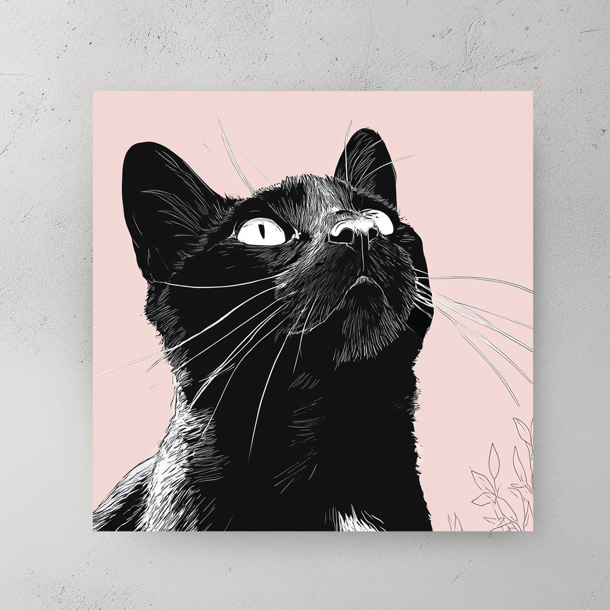 minimalist black cat wall art illustration on pink background