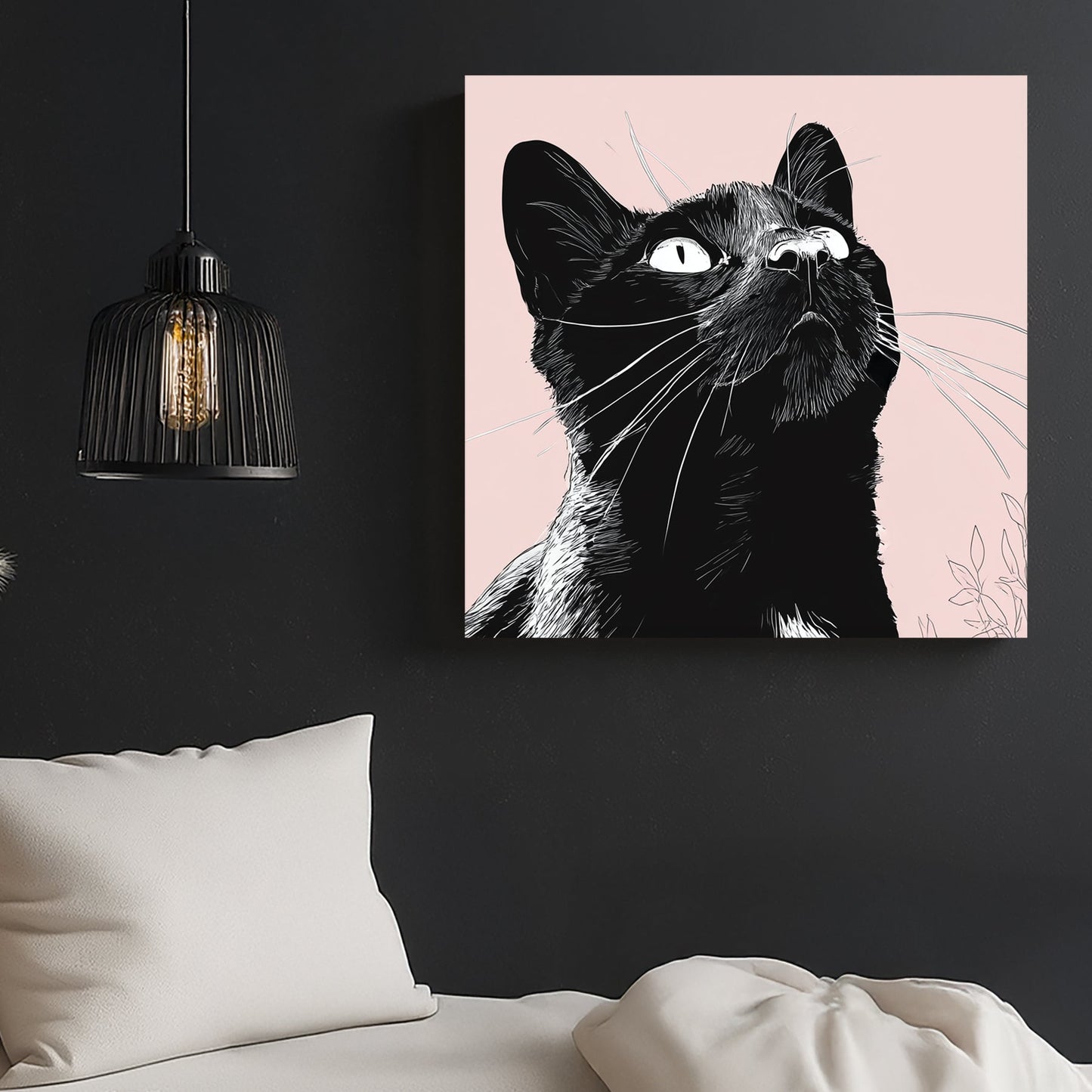 minimalist black cat wall art illustration on pink background