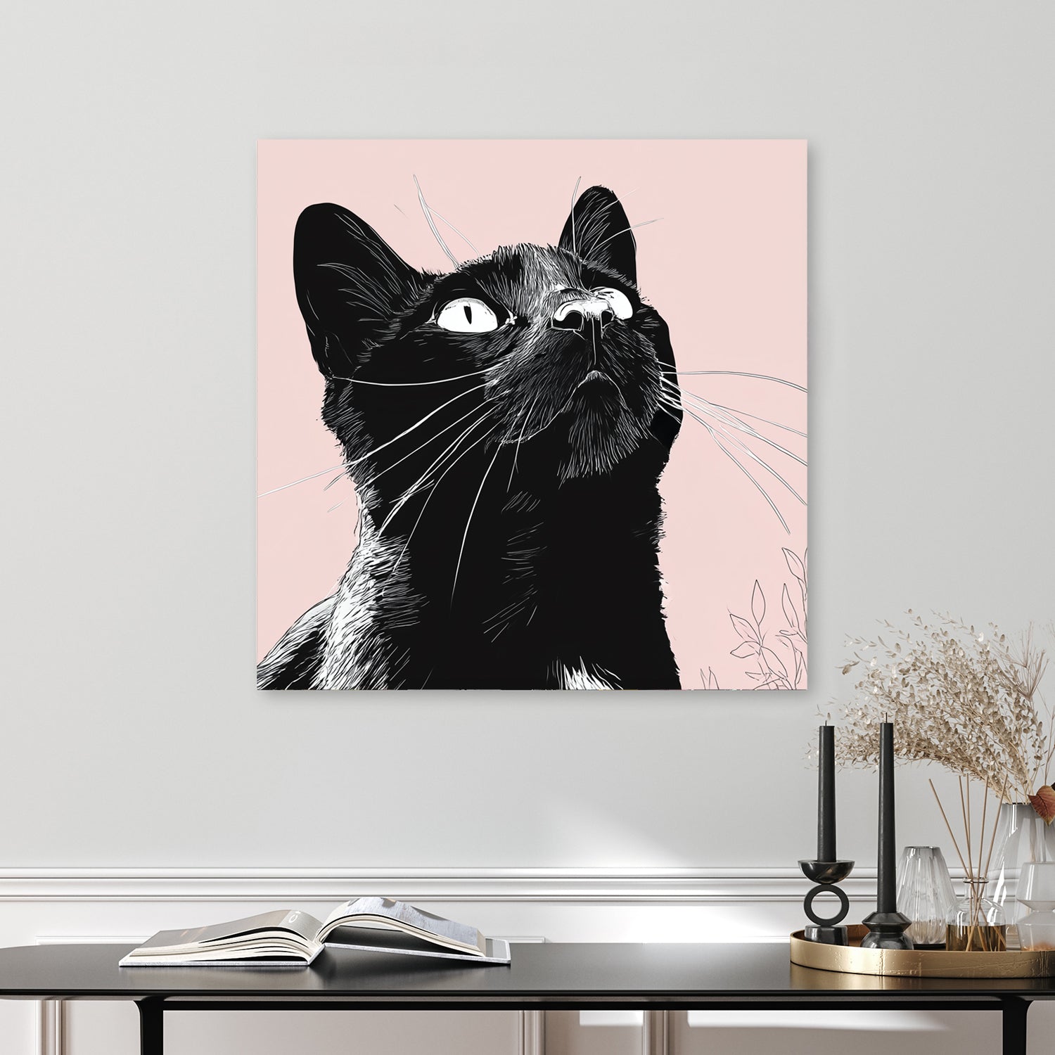 minimalist black cat wall art illustration on pink background