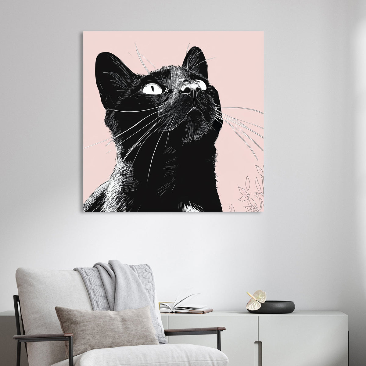 minimalist black cat wall art illustration on pink background