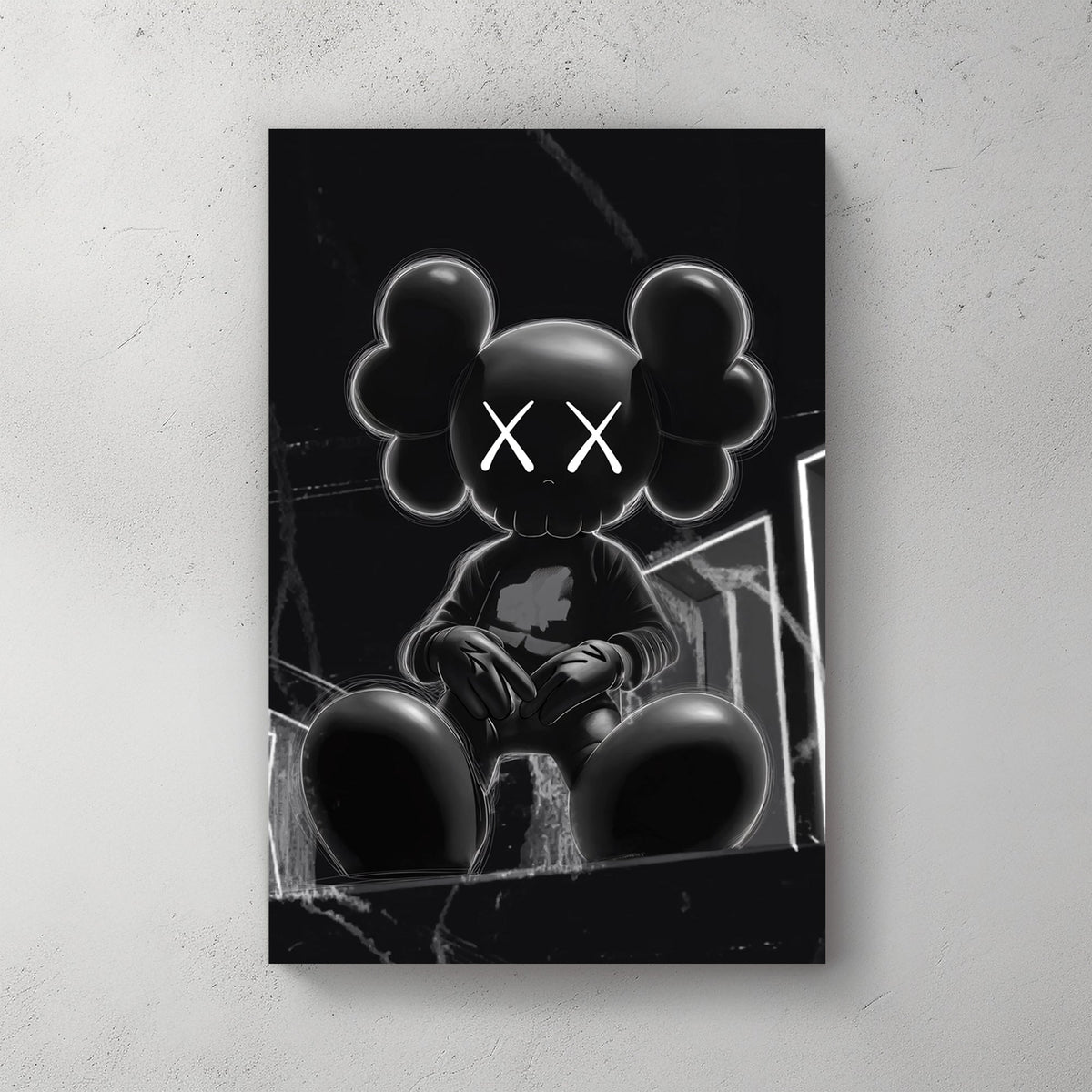 dark kaws-inspired urban cartoon wall art in black and white