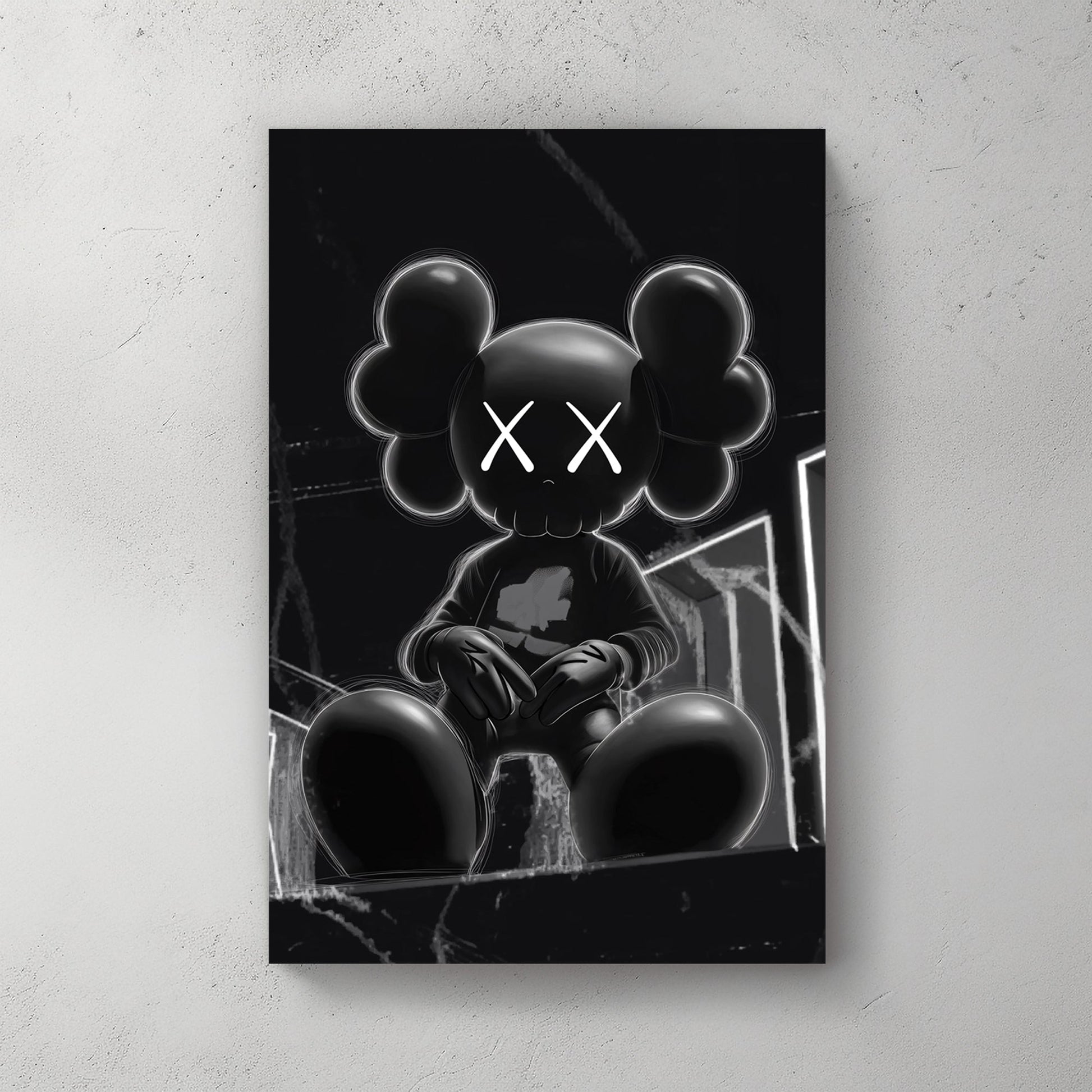 dark kaws-inspired urban cartoon wall art in black and white