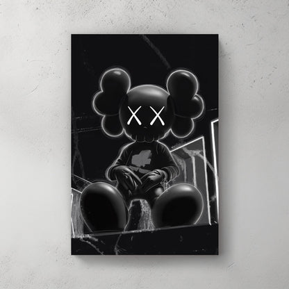 dark kaws-inspired urban cartoon wall art in black and white
