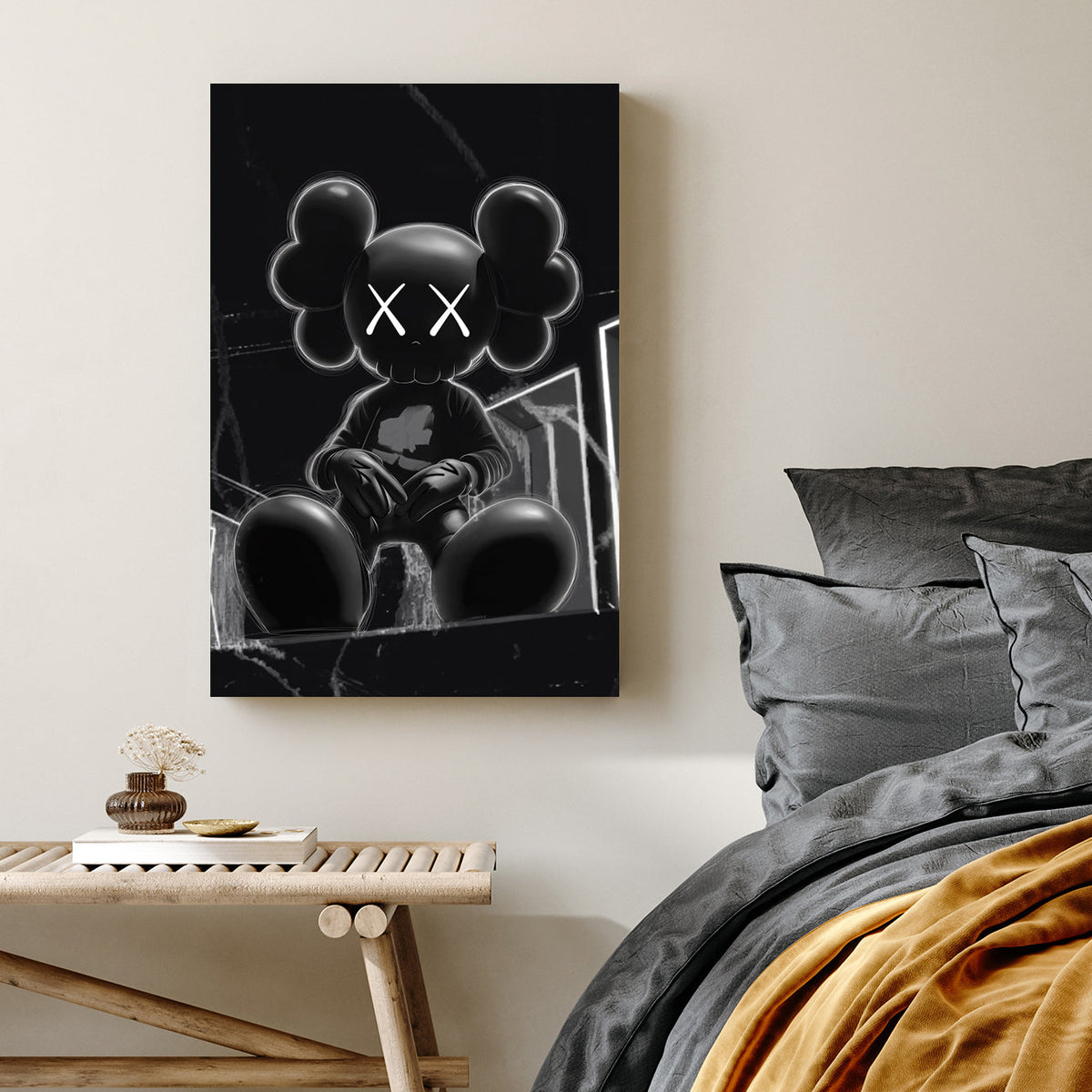 dark kaws-inspired urban cartoon wall art in black and white