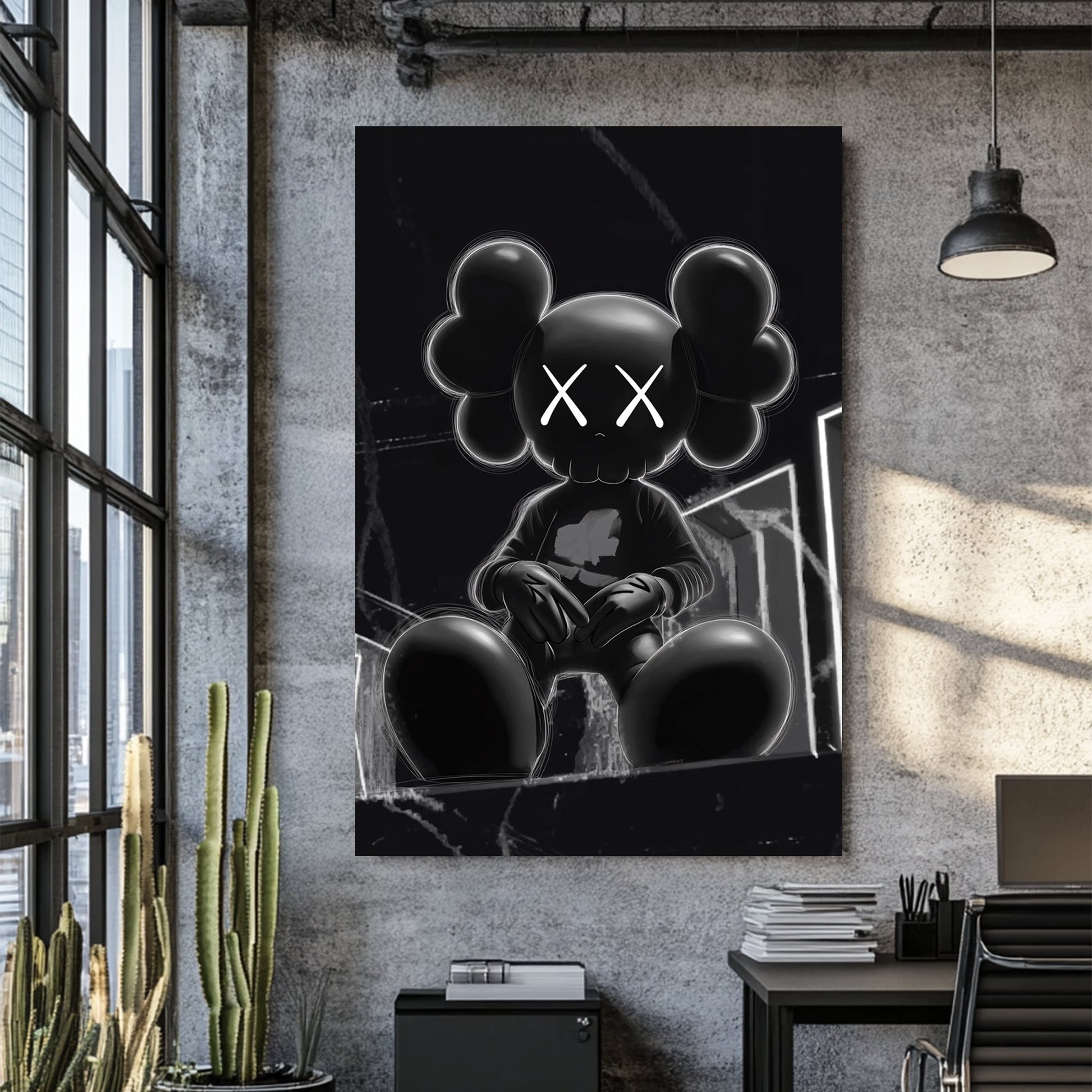 dark kaws-inspired urban cartoon wall art in black and white