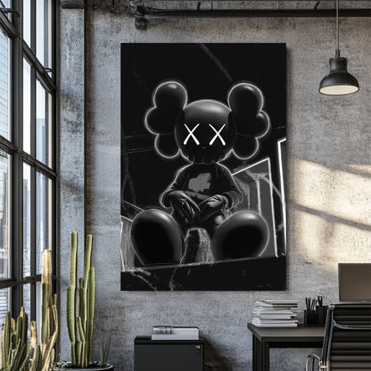 dark kaws-inspired urban cartoon wall art in black and white