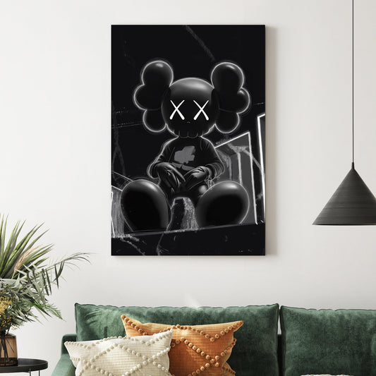 dark kaws-inspired urban cartoon wall art in black and white