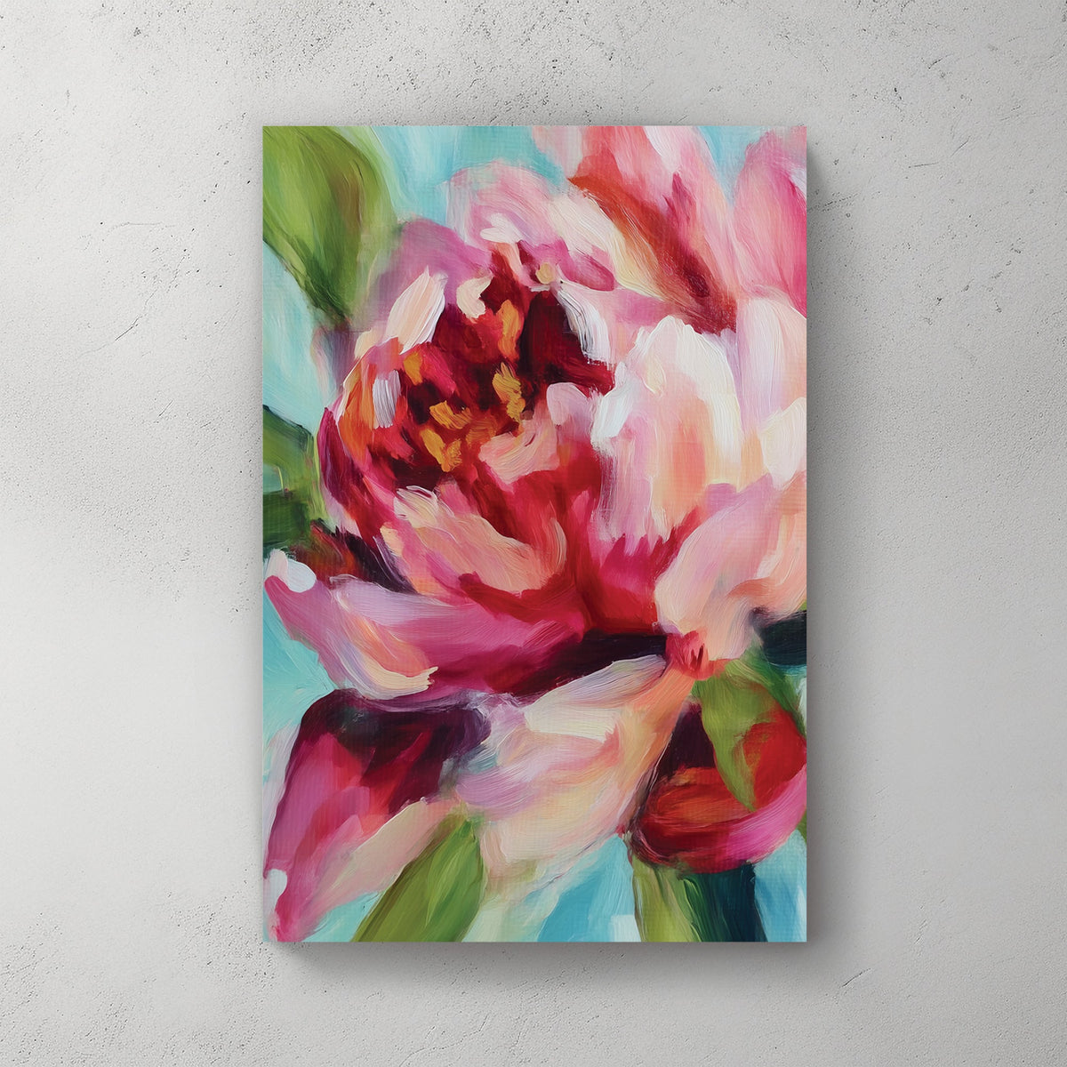 vibrant floral wall art with abstract pink and red petals on blue background
